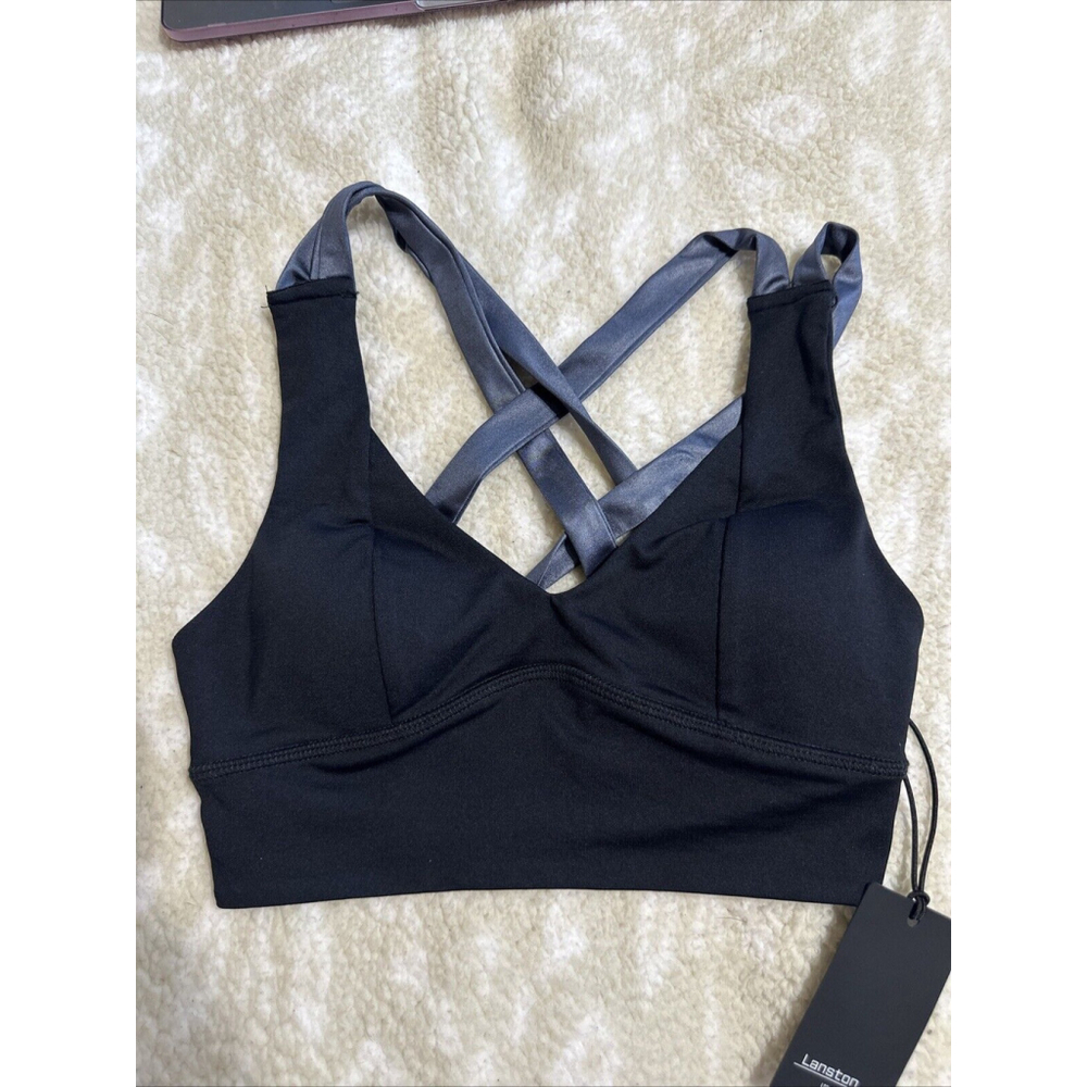 Lanston Sport Bra Cropped XS Top Padded Black And Grey Crisscross Back NWT